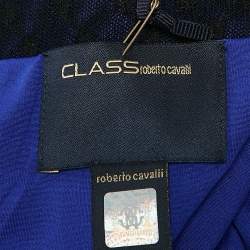 Pre Owned Class by Roberto Cavalli Blue Tulle Trim Jersey Ruched Maxi Dress M