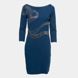Pre Owned Class by Roberto Cavalli Blue Knit Stud Embellished Long Sleeve Dress M