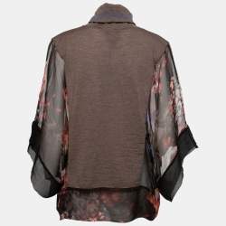 Pre Owned Class by Roberto Cavalli Brown Knit & Floral Silk High Neck Poncho Top L