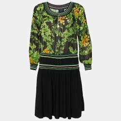 Pre Owned Class by Roberto Cavalli Black Knit& Printed Silk Midi Dress M