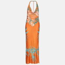 مملوكة مسبقًا Class by Roberto Cavalli Orange Jersey Velvet Textured Halter Neck Maxi Dress L