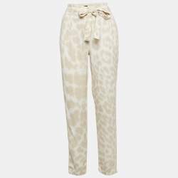 Pre Owned Class by Roberto Cavalli Beige/White Printed Crepe Belted Pants S