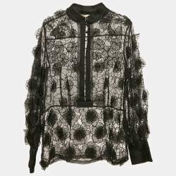 Class by Roberto Cavalli Black Organza Floral Applique and Cut-Out Sheer Blouse M