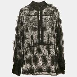 Class by Roberto Cavalli Black Organza Floral Applique and Cut-Out Sheer Blouse M