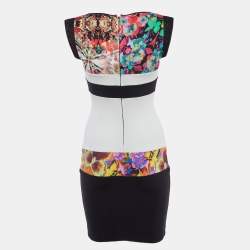 Pre Owned Class by Roberto Cavalli Black /White Floral Print Jersey Mesh Detail Mini Dress S 