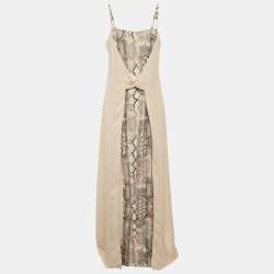 مملوكة مسبقًا Class by Roberto Cavalli Beige Snake Skin Print Crepe Layered Maxi Dress L
