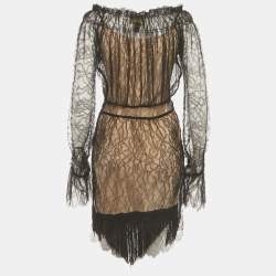 مملوكة مسبقًا فستان كلاس باي روبرتو كافالي دانتيل شفاف أسود/بيج بدون أكتاف مقاس متوسط