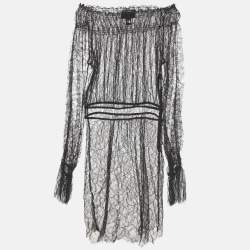 مملوكة مسبقًا فستان كلاس باي روبرتو كافالي دانتيل شفاف أسود/بيج بدون أكتاف مقاس متوسط