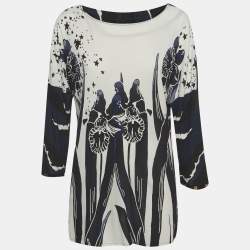 Pre Owned بلوزة كلاس باي روبيرتو كافالي جيرسي مطبوعة أزرق/أبيض مقاس متوسط