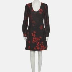 Pre Owned Cavalli Class Black/Red Printed Lace Scoop Neck Mini Dress M