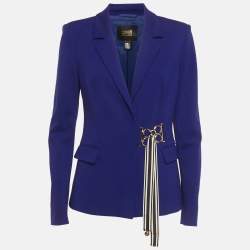 Pre Owned Cavalli Class Blue Stretch Knit Faux Belt Blazer M