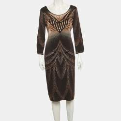 Pre Owned فستان كلاسي ميني بطبعة أسود/بيج جيرسيه من روبيرتو كافالي مقاس كبير