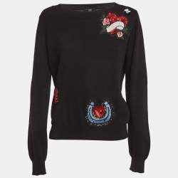 مملوكة مسبقًا Cavalli Class Black Cotton Knit Embroidered Patch Detail Jumper M