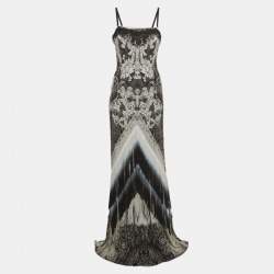 Pre Owned Class by Roberto Cavalli Monochrome Printed Jersey Fringed Maxi Dress M