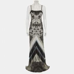 Pre Owned Class by Roberto Cavalli Monochrome Printed Jersey Fringed Maxi Dress M
