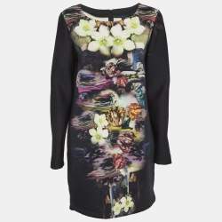 Pre Owned Cavalli Class Black Printed Neoprene Shift Dress M