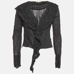 Pre Owned Class by Roberto Cavalli Black Metallic Lurex Knit Ruffle Cardigan L