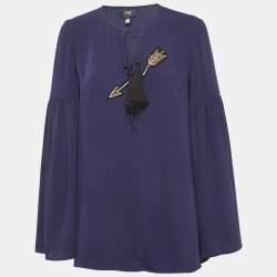 مملوكة مسبقًا Class by Roberto Cavalli Navy Blue Chiffon Embellished Lace Up Top M