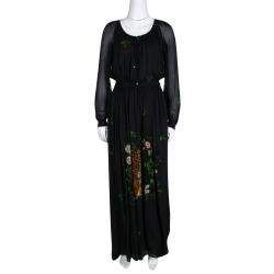 Class by Roberto Cavalli Black Leopard Figure Floral Print Long Sleeve Maxi Dress S