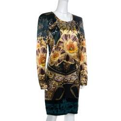 Class by Roberto Cavalli Green Floral Printed Satin Burnout Velvet Trim Detail Dress L