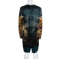 Class by Roberto Cavalli Green Floral Printed Satin Burnout Velvet Trim Detail Dress L