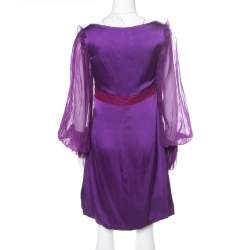 Pre Owned Class by Roberto Cavalli Purple Satin Embroidered Waist Detail Plunge Neck Dress M
