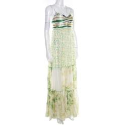 Class by Roberto Cavalli Green and White Printed Ruffled Detail Sleeveless Maxi Dress M