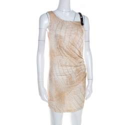 Pre Owned فستان كلاس باي روبرتو كافالي مكشكش طباعة جلد ثعبان مزين بحافة جلدية بيج M