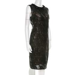 Pre Owned Class by Roberto Cavalli Black Sequined Lace and Beaded Collar Detail Dress M