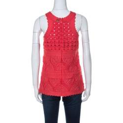 مملوكة مسبقًا Cavalli Class Coral Red Cord Lace Embroidered Sleeveless Top M