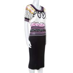 Class By Roberto Cavalli Multicolor Printed Bodice Knit Detail Sheath Dress M
