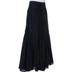 Pre Owned Class by Roberto Cavalli Navy Blue Smocked Detailed Flared Maxi Skirt M