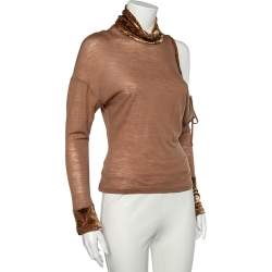 Pre Owned Class by Roberto Cavalli Brown Wool Knit Contrast Trim Cold Shoulder Detail Top M