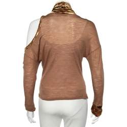 Pre Owned Class by Roberto Cavalli Brown Wool Knit Contrast Trim Cold Shoulder Detail Top M