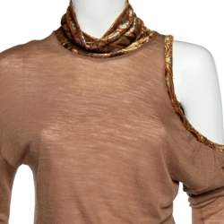 Pre Owned Class by Roberto Cavalli Brown Wool Knit Contrast Trim Cold Shoulder Detail Top M