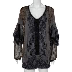 Class by Roberto Cavalli Grey Printed Jersey Overlay Sleeve Detailed Top L