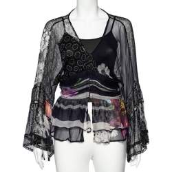 Class by Roberto Cavalli Black Floral Print Silk Sheer Blouse L