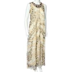 Pre Owned Class by Roberto Cavalli Beige Printed Silk Chiffon Embellished Neck Detail Sleeveless Dress M