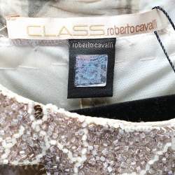 Pre Owned Class by Roberto Cavalli Beige Printed Silk Chiffon Embellished Neck Detail Sleeveless Dress M
