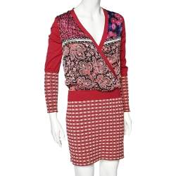 Pre Owned فستان كلاس باي روبرتو كافالي حرير وتريكو أحمر ملتف مقاس وسط (ميديوم)