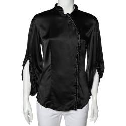 Class by Roberto Cavalli Black Silk Satin Button Front Top M