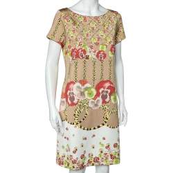 Pre Owned فستان كلاس باي روبرتو كافالي جيرسيه مطبوع مورد بيج مقاس كبير (لارج)