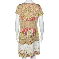 Pre Owned فستان كلاس باي روبرتو كافالي جيرسيه مطبوع مورد بيج مقاس كبير (لارج)