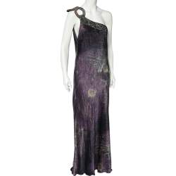 Pre Owned Class by Roberto Cavalli Purple Printed Satin Embellished One Shoulder Gown XL