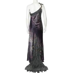 Pre Owned Class by Roberto Cavalli Purple Printed Satin Embellished One Shoulder Gown XL