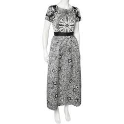 Pre Owned فستان كلاس كافاللي ساتين مطبوع مونوكرومي طويل مقاس وسط ( ميديوم )