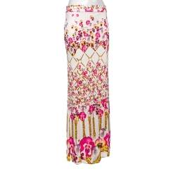Pre Owned Class by Roberto Cavalli Cream Floral Printed Silk Slit Detailed Maxi Skirt M
