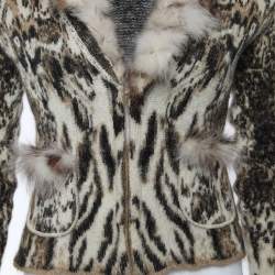 Pre Owned Class By Roberto Cavalli Brown Intarsia Knit & Fur Trimmed Cardigan M