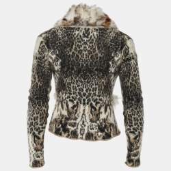 Pre Owned Class By Roberto Cavalli Brown Intarsia Knit & Fur Trimmed Cardigan M