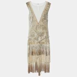 Pre Owned Class by Roberto Cavalli Gold Devore Fringe Detail Belted Sleeveless Dress L